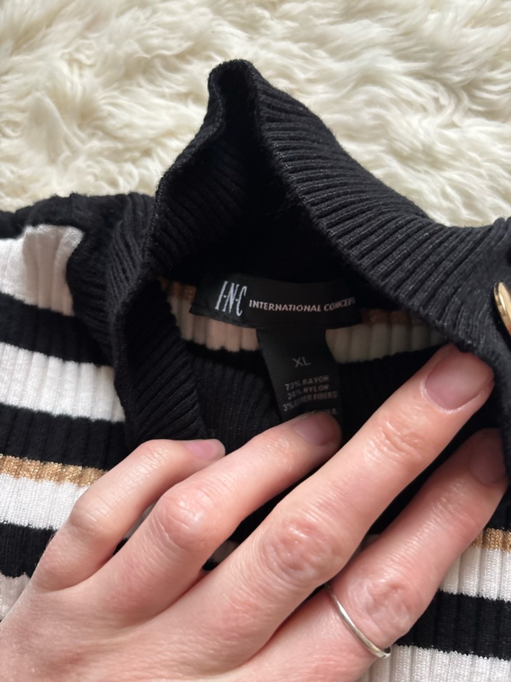 INC International Concepts Striped Ribbed Turtleneck in Black, White & Gold - Picture 7 of 9